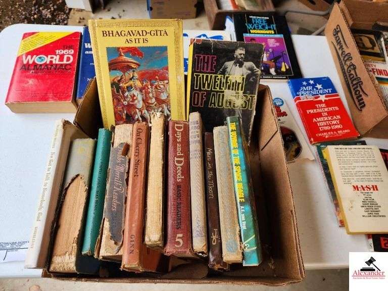 COLLECTION OF BOOKS-ALMANACS - KIDS BOOKS - NOVELS - GREAT GATSBY CLIFF NOTES - WORKOUT BOOKS - KARATE - SCI-FI - (GARAGE) image