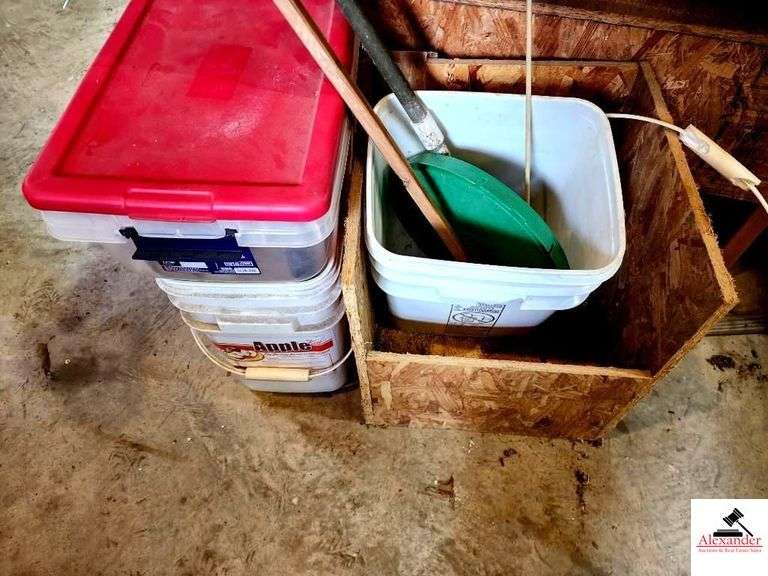 WOOD CRATE-WOOD MEASURING STICK-WOOD BOX 2 PLASTIC BUCKETS, SMALL PLASTIC TUN-SHOP BROOM-FIBERGLASS PRONG POLE(SHOP) image