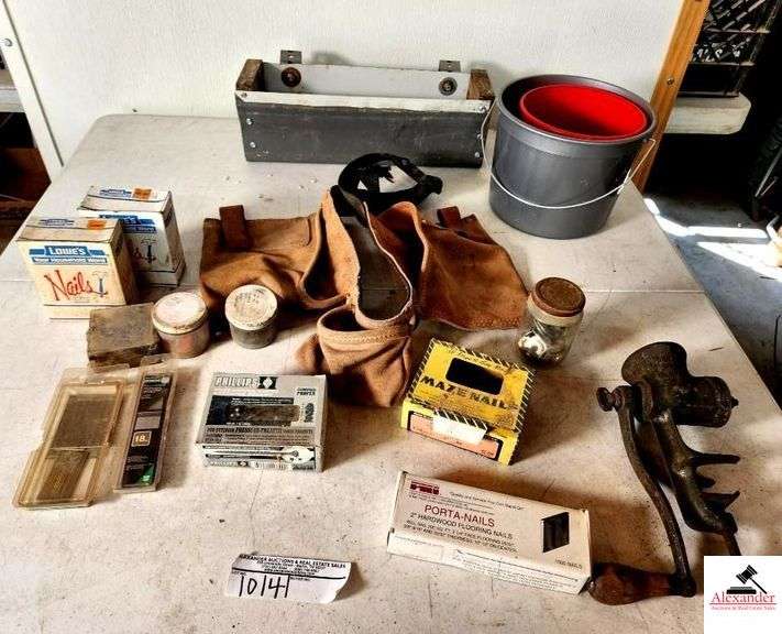 HIBBARD SPENCER FOOD CHOPPER #7-LEATHER TOOLBELT PORTER NAILS-MISC NAILS/WASHERS-HANGING STORAGE TRAY-PLASTIC BUCKET(SHOP) image