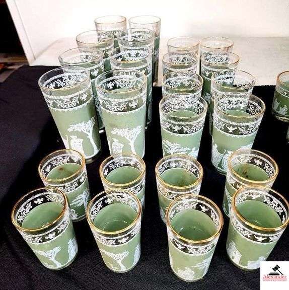 VINTAGE JEANNETTE GRECIAN PIECES VINTAGE JEANNETTE GREEN WEDGEWOOD HELLENIC GRECIAN PITCHER WITH ICE LIP AND (32) JEANNETTE GRECIAN GREEN GLASSES - (UPSTAIRS) image