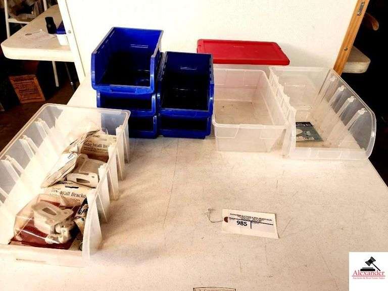 5 BLUE STORAGE BOXES-3CLEAR STORAGE BOXES DRYWALL BRACKETS image
