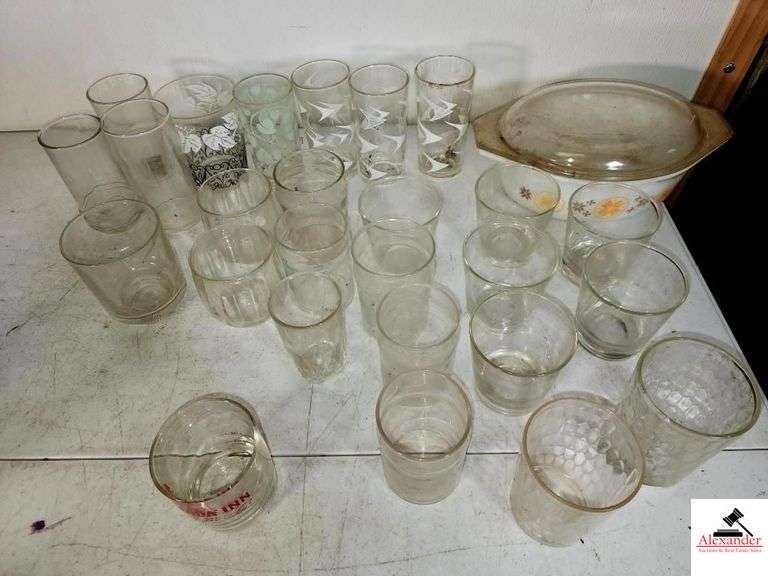HIGH BALL GLASSES - JUICE GLASSES - WATER GLASSES PYREX STYLE COVERED BOWL - WOODEN BOX - BEEN STORED, NEED WASHED (UPSTAIRS) image