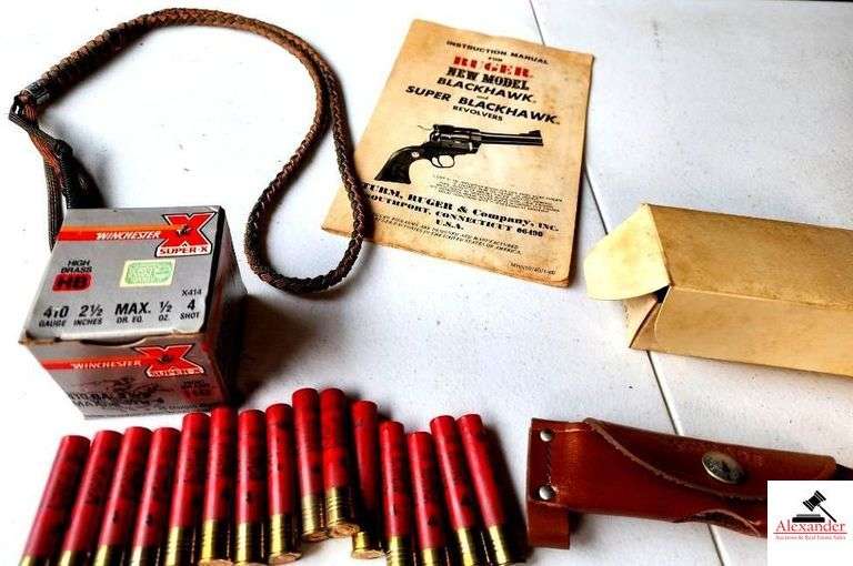 WINCHESTER 410 SHOTGUN SHELLS2 1/2 IN #4 SHOT 15 ROUNDS-BRAIDED LANYARD-SUPER BLACKHAWK BOOK-LEATHER KNIFE HOLSTER(GARAGE) image