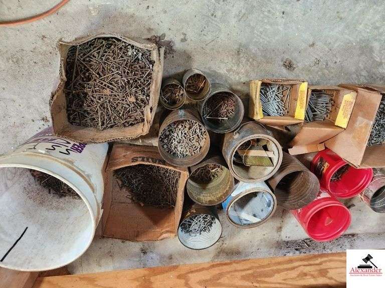 CANS OF ASSORTED NAILS AND SCREWS-MISC TYPES AND SIZES(SHOP) image