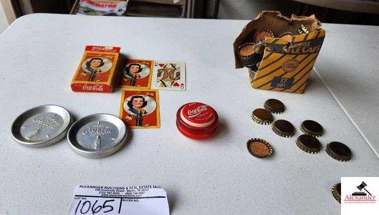 VINTAGE COLLECTION OF BOTTLE CAPS COCA COLA PLAYING CARDS-COCA COLA YOYO-6 COCA COLA ALUMINUM COASTERS(GARAGE) image