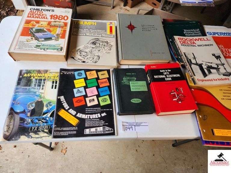 CHILTONS AUTO REPAIR MANUAL-TRIUMPH SPITFIRE OWNER WORKSHOP MANUAL, DOOLINS TROUBLESHOOTERS BIBLE-AUTOMOBILES A WORLD ON WHEELS BOOK-MOTORS AND ARMATURES MANUAL-ENGINE MAINTAINENCE MANUAL-1971 NATIONAL ELECTICAL CODE HANDBOOK-ROCKWELL DATA INDUSTRIAL MACHINERY MANUAL- SUPERWINCH MANUAL-ELECTRICAL PROTECTION HANDBOOK(GARAGE) image