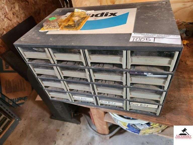16 DRAWER METAL STORAGE CABINET WITH CONTENTS CONTENTS INCLUDE SCREWS AND NAILS image
