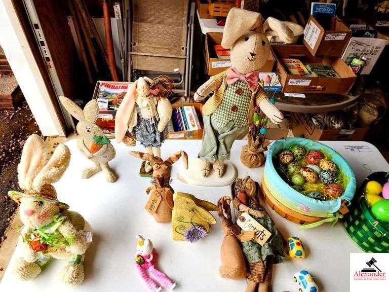 TUB OF EASTER DECORATIONS-HOBBY LOBBY RABBITS-STUFFED RABBITS-LOTS OF PLASTIC EGGS-(GARAGE) image