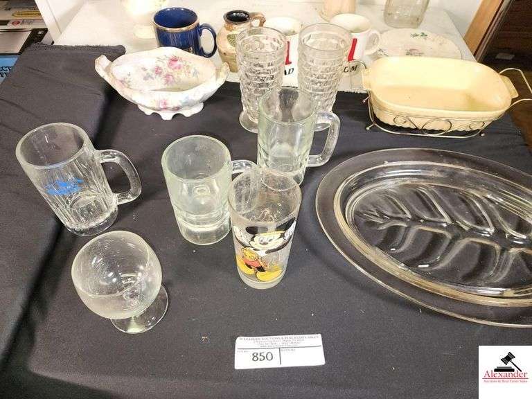 GLASS MEAT SERVING TRAY - GLASS MUGS - GLASSES - MICKEY MOUSE GLASS - SERVING BOWLS AND STAND - FLOWER VASE - #1 MOM & #1 DAD MUGS - GRAVY BOWL - ANGEL FIGURINE - MASON JAR - (UPSTAIRS) image