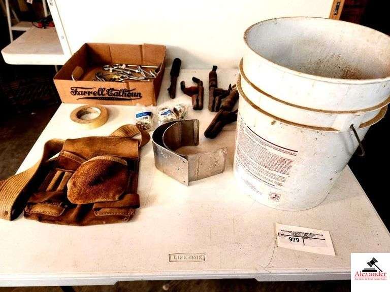 LEATHER NAIL APRON-WELDING ROD & DROP CORD- PARTIAL TUB OF SCREWS-DOORSTOPS-HEATLAMP-JUMPER CABLE CONNECTORS image