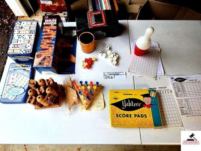 JENGA GAME- DOMINOS GAME IN TIN BOX- WOODEN TIC TAC TOE GAME-SPARE TIME BOWLING DICE GAME-CRACKER BARREL PEG GAME-YAHTZEE SCORE SHEETS-NO GAME (GARAGE) image