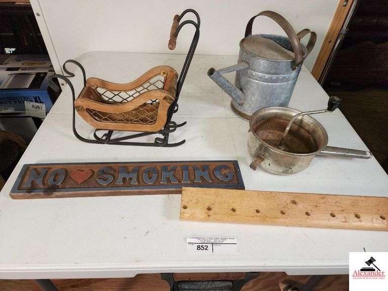 WOOD & METAL CHRISTMAS SLIEGH - WOODEN CUT OUT "NO SMOKING" SIGN - METAL WATERING CAN - VINTAGE GRATER - PEG RACK - (UPSTAIRS) image