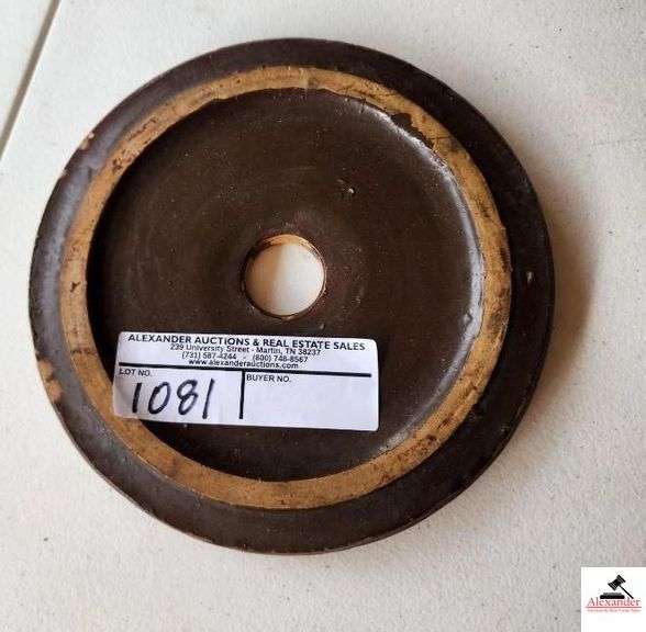 IRON CHURN LID RIM 7 1/8" WIDE - TOTAL DIAMETER 8 1/4" - FEW ROUGH SPOTS UNDERNEATH LID - CHIPS (GARAGE WINDOW) image