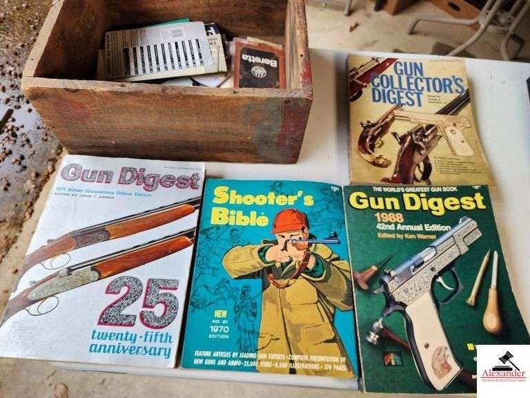 WOOD AMMO  BOX- REMINGTON ARMS -GUN DIGEST BOOKS- (WRITING IS FADED) - 25TH ANNIBERSARY EDITION - SHOOTER'S BIBLE 1970 EDITION - 1988 42ND ANNUAL EDITION - GUN COLLECTOR'S DIGEST - GUN DIGEST - BOX OF HUNTING BOOKS -  (GARAGE) image