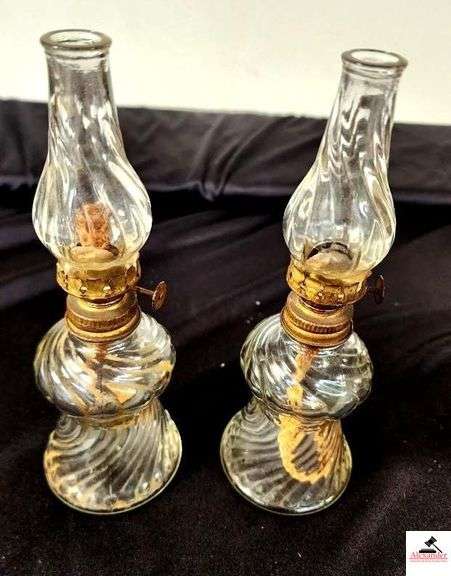 PAIR ANTIQUE KEROSENE OIL LAMPS- SWIRL BASE & SHADES - OCTAGON MARK WITH 1 - METAL SHOWS SOME RUST - (BK BED RM) image
