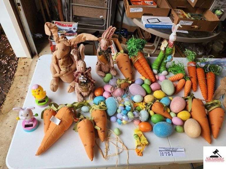 TUB OF EASTER DECORATIONS-RABBITS-CARROTS BASKET WITH PORCELAIN EGGS-PLASTIC ANIMALS(GARAGE) image