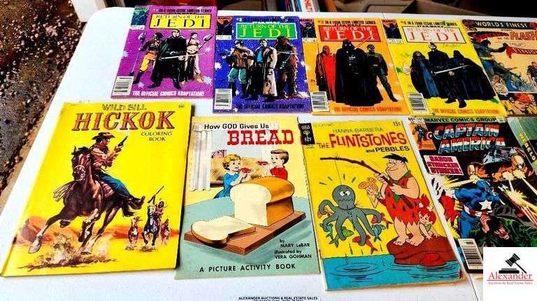 ASSORTMENT OF COMIC BOOKS 4 RETURN OF THE JEDI COMICS-SUPERMAN AND THE FLASH COMIC-WILD BILL HICKOK COMIC- HOW GOD GIVE US BREAD BOOK-FLINTSTONE COMIC-CAPTAIN AMERICA COMIC-WEBELOS BOY SCOUTS OF AMERICA BOOK- WOLD CUB SCOUT BOOK(GARAGE) image