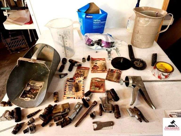 AIR CONNECTORS- NEW SWIVEL HOSE ENDS-CUPLER BODIES HAND SCOOP-ALUMINUM MEASURING PITCHER-NEW NORTH 7700 RESPIRATOR-WIRE BRUSH-CAULKING GUN-CLEAR PLASTIC MEASURING PITCHER-5 GALLON BUCKET-CUTTING TOOLS-ALUMINUM BANDS-WIRE BRUSH- image