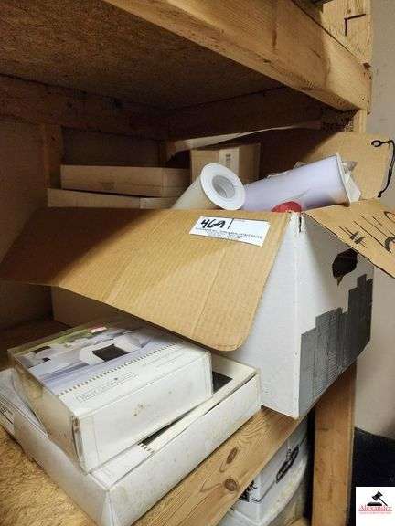 WEDDING SUPPLIES/DECORATIONS- (3) BOX 25CT WEDDING INVITATION KIT- (50) WHITE PAPER PARTY FAVOR BOXES- (2) 3 TIER GLASS TAPERED CANDLE CANDLEHOLDERS- TEA LIGHT CANDLEHOLDERS-CLOSET TOP STAIRS image