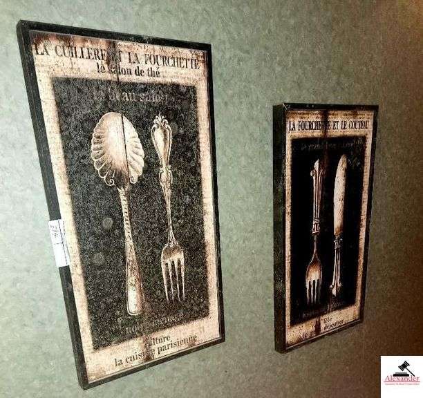 WOOD FRAMED CHALKBOARD- (2) DECORATIVE ANTIQUE STYLE SILVERWARE PICTURES- PEG BOARD-BAR AREA image