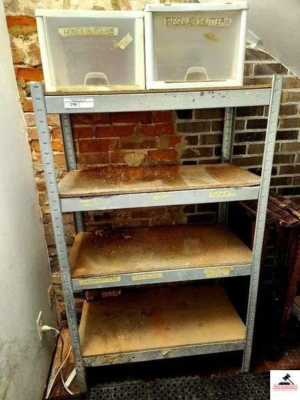 (2) METAL SHELF STORAGE RACK W/ PLYWOOD SHELVES-(1) 36.5" X 18"- 3 SHELVES- (1)  4' X 18"- 4 SHELVES- INCLUDES  MICROWAVE(RUNS)-(3) BUSS STANDS- 2 STORAGE DRAWER CONTAINERS image