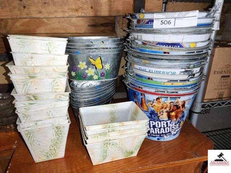 (26) COLLECTION OF BEER BUCKETS - ADVERTISEMENT - FLOWER POTS - TABLE TINS -  (GAP) image