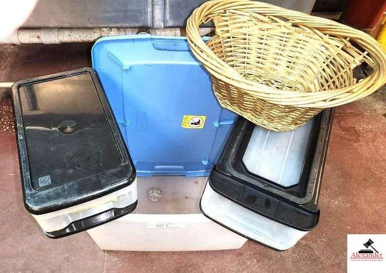 PLASTIC TUB -2 PLASTIC STORAGE BOXES - GOLD OVAL BASKET (KITCHEN) & LOT 488 TWO TUBS image