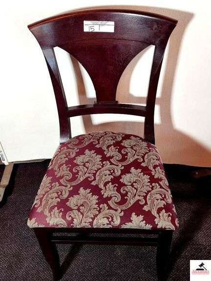 (8) SHAFER CHAIRS-UPHOLSTERED SEATS CHAIRS ARE DARK MAHOGANY STYLE COLOR - TAPERED VASE SLAT BACK (DOWNSTAIRS) image