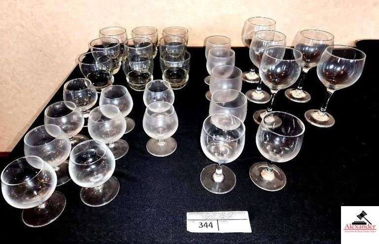 (11)  WINE PEDESTAL GLASSES - (6) COCKTAIL GLASSES (9) SMALL GLASSES (9) HI-BALL GLASSES - 35 TOTALS image