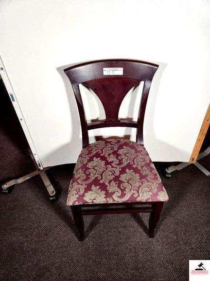 (8) SHAFER CHAIRS-UPHOLSTERED SEATS CHAIRS ARE DARK MAHOGANY STYLE COLOR - TAPERED VASE SLAT BACK (DOWNSTAIRS) image