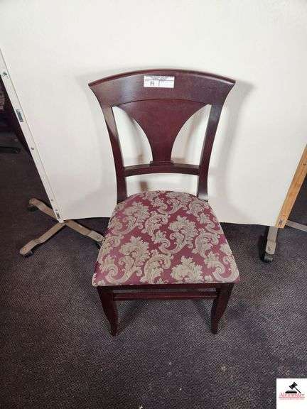 (8) SHAFER CHAIRS UPHOLSTERED SEATS CHAIRS ARE DARK MAHOGANY STYLE COLOR - TAPERED VASE SLAT BACK (DOWNSTAIRS) image