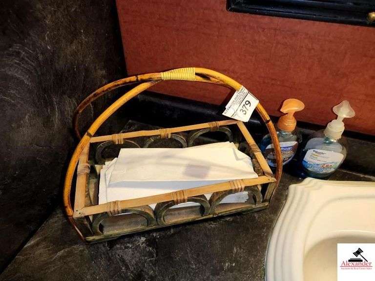 TOWEL BASKET HOLDER- SMALL PAPER CANS- CANE TOWEL HOLDER- (2) GREEN FLOWER ARRANGEMENT-  2 PAPER CANS, TOUCH TOP (LADIES DOWNSTAIRS RESTROOM) image