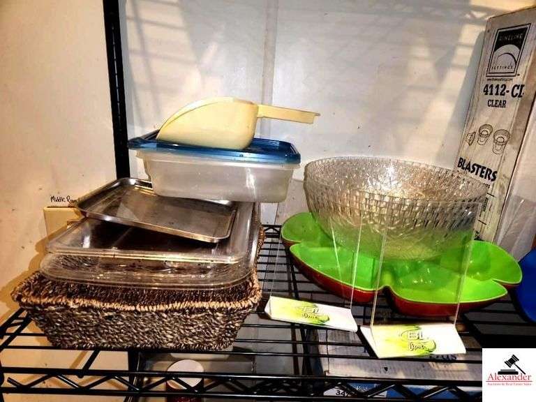 PAPER GOODS- PLASTIC BOWLS, CUPS, DOUBLE SHOT SHOT GLASSES-WICKER BREAD BASKETS- PLASTIC SCOOP image