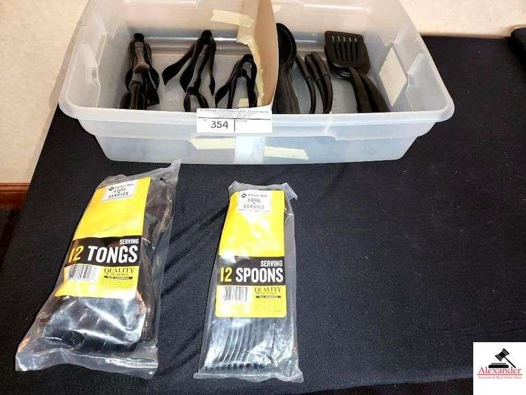 BLACK PLASTIC SERVING UTENSILS - (21) TONGS - 12 SPOONS  - 6 LARGE SPOONS - SPATCULAR - TUB - UPSTAIRS PREP AREA image