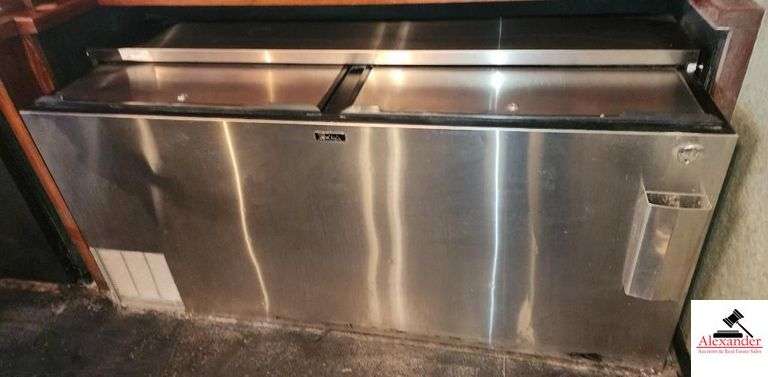 PERLICK STAINLESS BEVERAGE BOX WITH 2 SLIDING TOP DOORS-MODEL BC7 1SG SERIAL #519506 - 115 VOLTS WITH LOCKS - 72" WIDE X 22" DEEP - 34" TALL - PLUS CUP HOLDER - (BAR) image