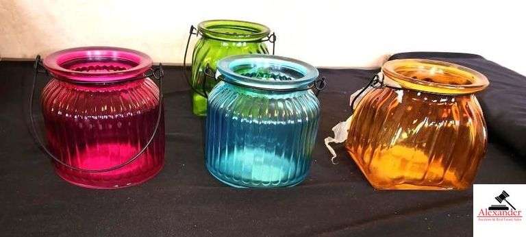 G;ASS CANDEL HOLDERS 4 1/4 IN. -MULTI-COLOR WITH VAILS - ROUND & SQ. BASE - 1 DOZEN image