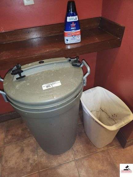 GARBAGE CAN WITH LIDE - SMALL TRASH CAN - BISSELL OXY SPOT STAIN REMOVER - FARM LIFE SIGN - BROOM WITH DUST PAN image