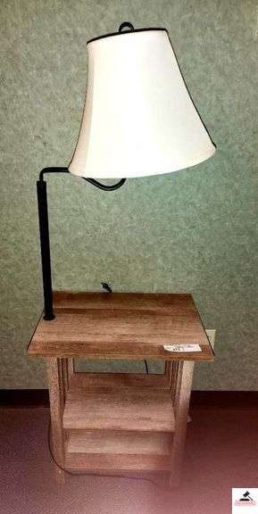 WOOD END TABLE WITH ATTACHED LAMP- DOWNSTAIRS BACK DESK image