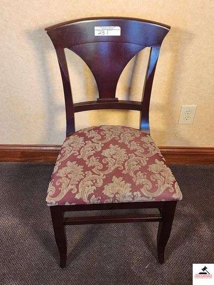 (7) SHAFER CHAIRS-(1) CAPTAIN'S CHAIR UPHOLSTERED SEATS-CHAIRS ARE DARK MAHOGANY STYLE COLOR - TAPERED VASE SLAT BACK - (UPSTAIRS) image