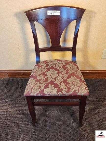 (7) SHAFER CHAIRS-(1) CAPTAIN'S CHAIR UPHOLSTERED SEATS- CHAIRS ARE DARK MAHOGANY STYLE COLOR - TAPERED VASE SLAT BACK (UPSTAIRS) image