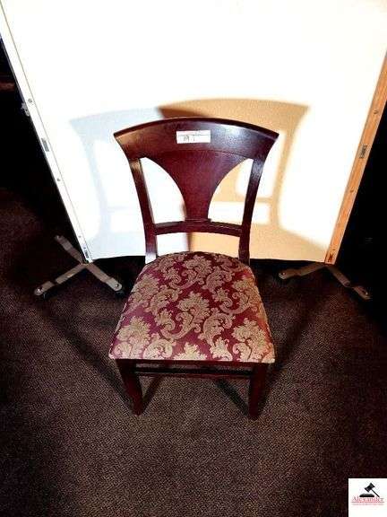 (8) SHAFER CHAIRS - UPHOLSTERED SEATS CHAIRS ARE DARK MAHOGANY STYLE COLOR - TAPERED VASE SLAT BACK (DOWNSTAIRS) image