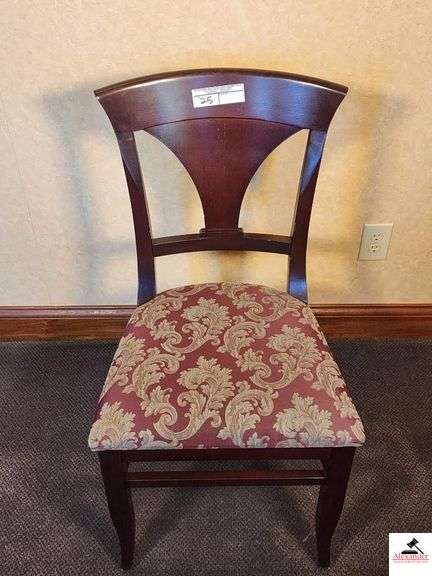 (2) CAPTAIN'S CHAIRS - (2) SHAFER CHAIRS UPHOLSTERED SEATS - CHAIRS ARE DARK MAHOGANY STYLE COLOR - TAPERED VASE SLAT BACK - (UPSTAIRS) image