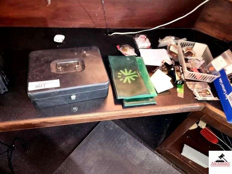 FILE CABINET- 3 DRAWER- METAL CASH BOX-NO KEY- METAL CASH BOX- MANUAL LOCK- OFFICE SUPPLIES-SCISSORS, INK CARTRIDGES, MISC ITEMS- BACK LOBBY DESK image