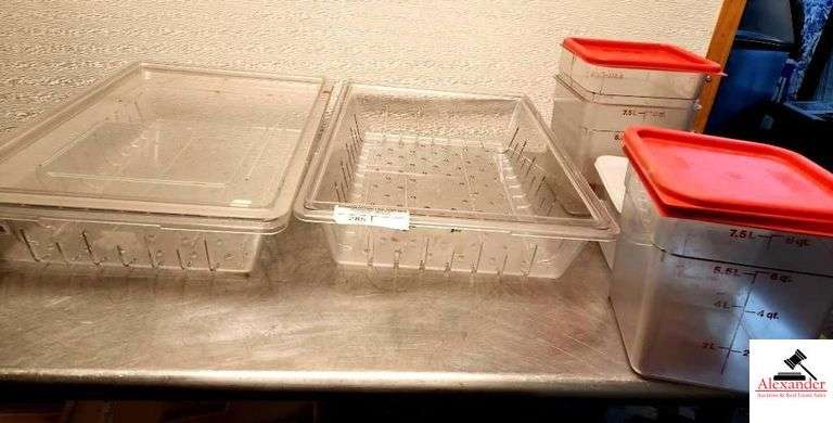 (2) LARGE PLASTIC CONTAINERS- W/ (1) LID- (3) PLASTIC MEASURING CUP BOWLS image