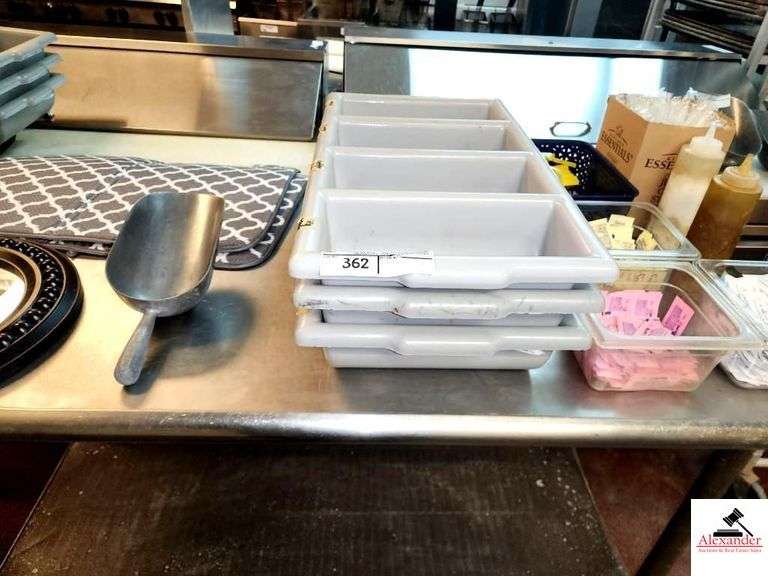 GRAY PLASTIC SILVERWARE DIVIDED HOLDER-(2) ALUMINUM ICE SCOOPS- GRAY & WHITE DRYING MATS(KITCHEN) image