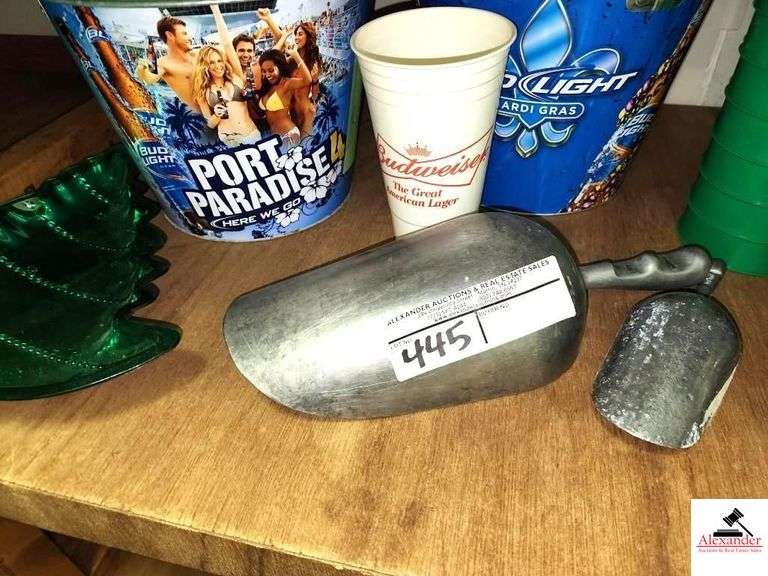 METAL BUDWEISER & BUDLIGHT BEER BUCKETS-NEW YEARS EVE PARTY DECORATIONS AND PARTY FAVORS AND PARTY HATS- POKER CHIPS- SMALL PLASTIC GREEN CHRISTMAS TREE TRAY-SMALL METAL ICE SCOOP- MEDIUM METAL ICE SCOOP- (7) GREEN BUDLIGHT PLASTIC CUPS- (7) PURPLE CROWN ROYAL PLASTIC CUPS- (10) CLEAR MAGIC HAT PLASTIC CUPS- BUDWEISER BREWING PROCESS SIGN MIDDLE CLOSET UPSTAIRS image