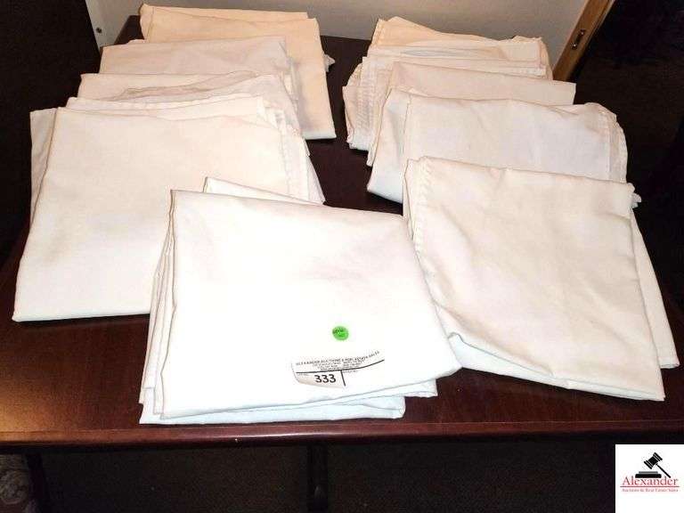 (13) WHITE SQUARE LINEN TABLECLOTHS- (3) SMALLER SQUARE WHITE LINEN TABLECLOTHS-USED BUT CLEAN-SOME STAINS image