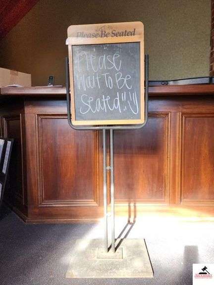"PLEASE WAIT TO BE SEATED " SIGN ON ALUMINUM STAND - BLACK BOARD image