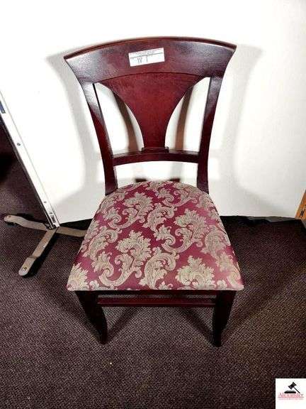 (8) SHAFER CHAIRS-UPHOLSTERED SEATS CHAIRS ARE DARK MAHOGANY STYLE COLOR - TAPERED VASE SLAT BACK (DOWNSTAIRS) image