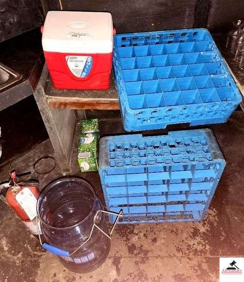 SMALL IGLOO COOLER & 2 GLASS DISHWASHING RACKS - JUG - FIRE EXTINGUISHER  - 2 PLASTIC JUGS(BAR) image